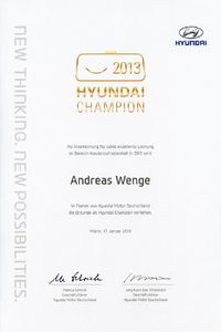 Hyundai Wenge wurde ausgezeichnet als der Hyundai Händler mit den zufriedensten Kunden im Bereich Verkauf und Werkstatt Service.