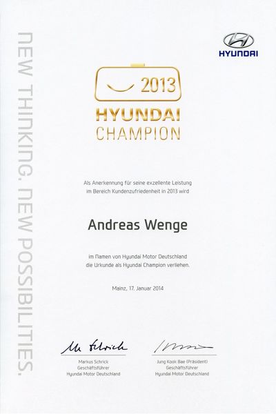 Hyundai Wenge wurde ausgezeichnet als der Hyundai Händler mit den zufriedensten Kunden im Bereich Verkauf und Werkstatt Service.